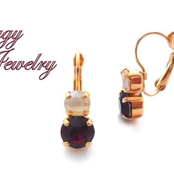 Swarovski Crystal Double Drop Earrings, Ivory Cream and Burgundy, Lever-Back - Picture 2 of 5